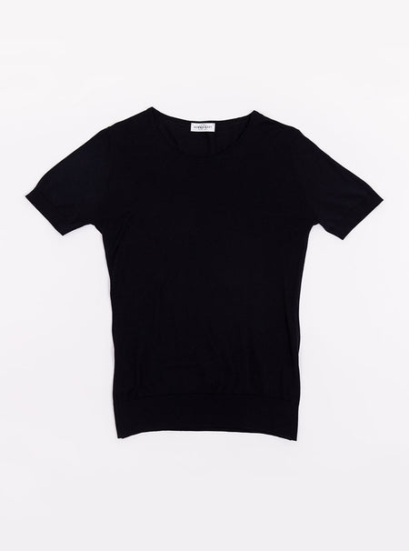 Flat lay of a women's navy short sleeve knit top in a luxury and premium sea island cotton material.